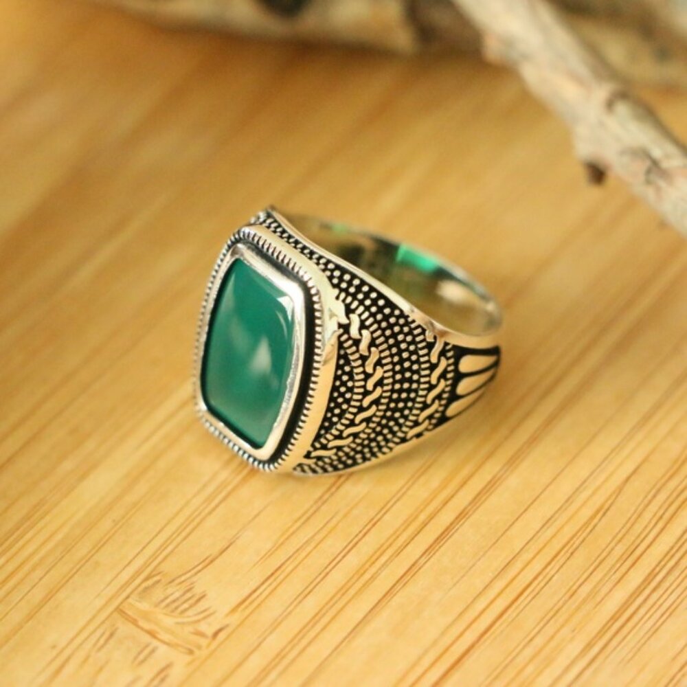 925 Sterling Silver Green Agate Stone Men's rings - Picture 5 of 6